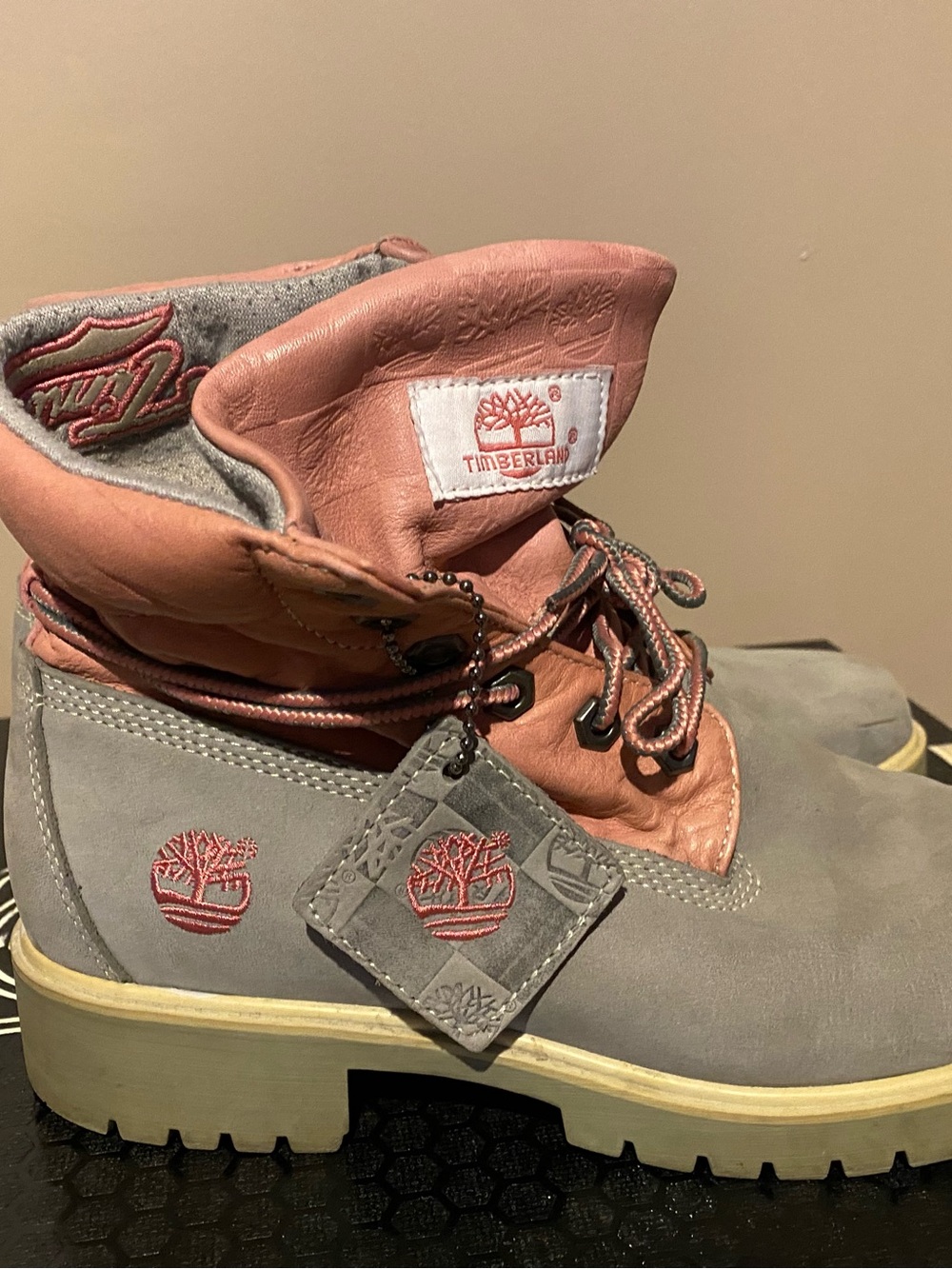 Timberland Pink and Gray fold down Boots women’s 7 1/2